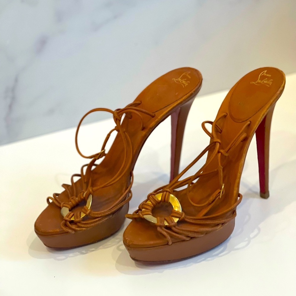 Christian Louboutin Brown leather strapy heels with gold hardware